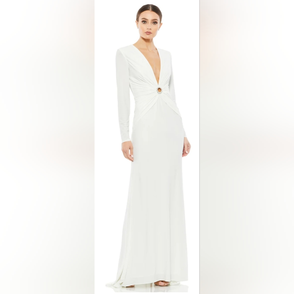 Mac Duggal White Long Sleeve Plunge V-Neck Gown